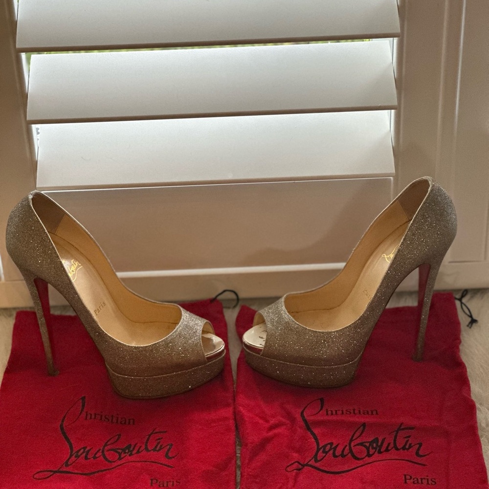 Christian Louboutin Gold Glitter Peep-Toe Heels